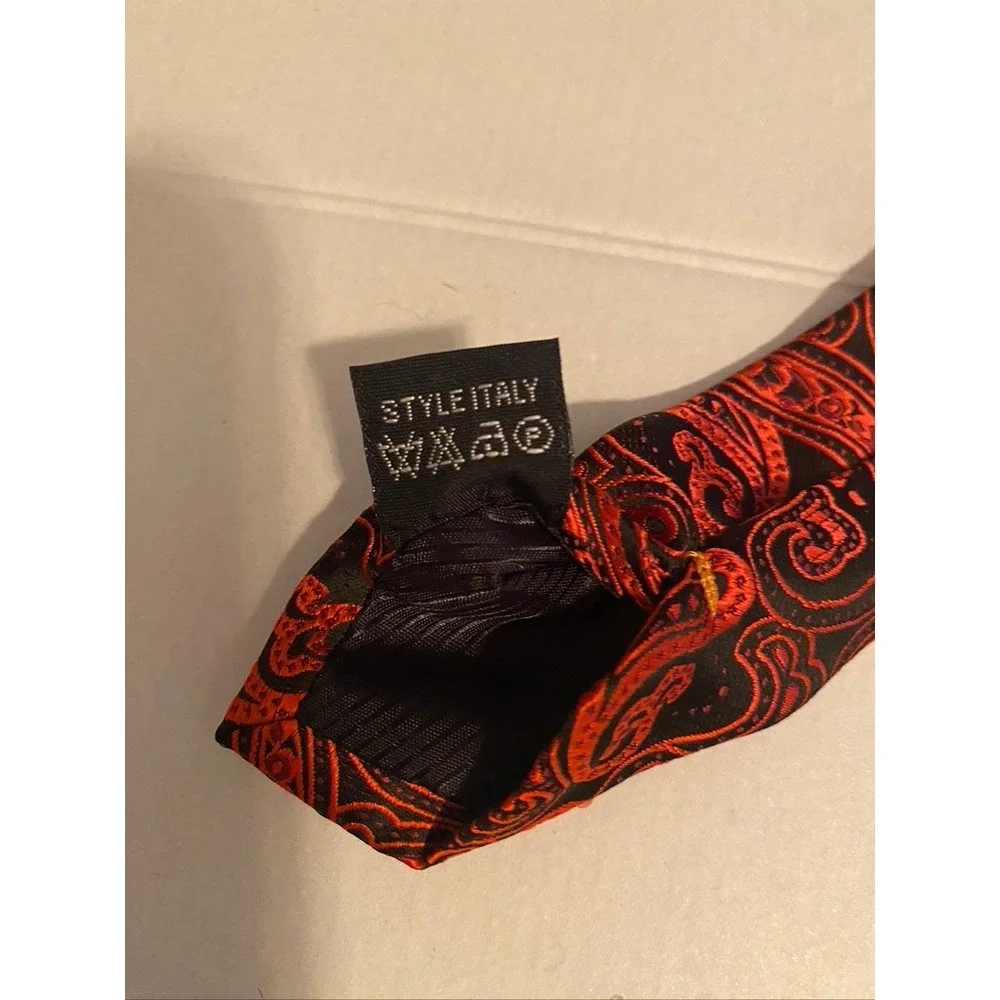 DiBanGu Mens Silk Necktie Orange Black Paisley Woven Hand Tailored Italian Style